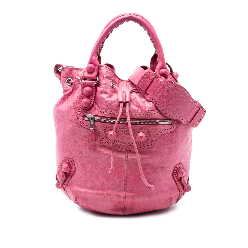 Pre-Loved Balenciaga Lambskin Motocross Giant Brogues Pompon Bucket Bag